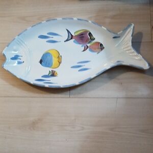 Ceramic Fish-Shaped Serving Platter with Colorful Fish Motif